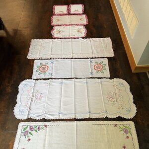 8 Count Vintage Hand-Embroidered Doilies, Various Shapes and Sizes